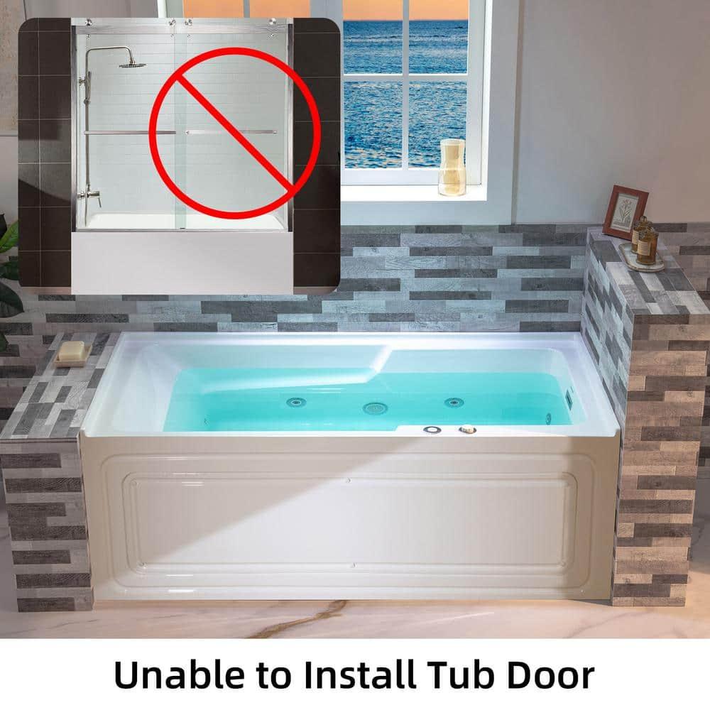 60" x 30" Whirlpool Heated Rectangular Alcove Acrylic Bathtub with Chrome/Matte Black Drain and Overflow