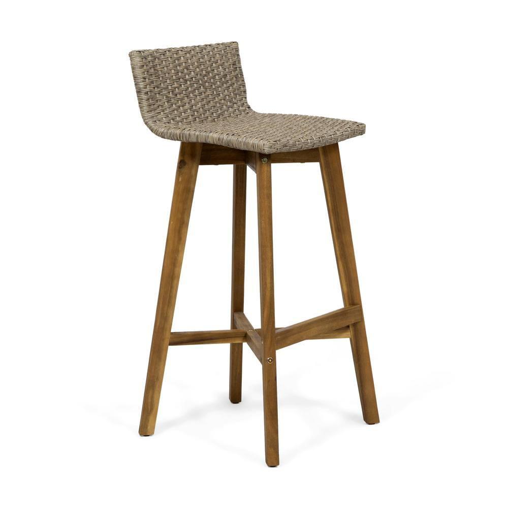 Pico Brea Outdoor Wood & Wicker Barstools, Set of 4, Light Brown and Teak