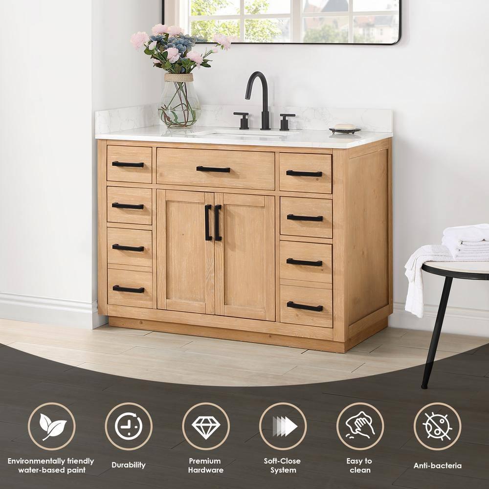 Gavino 48" Wood Vanity in Light Brown with Composite Stone Top and Mirror