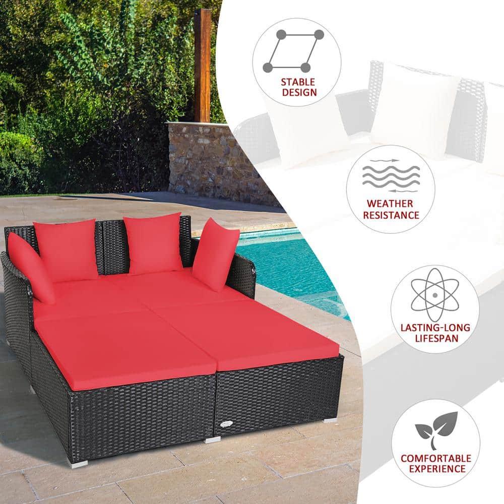 Costway Outdoor Patio Rattan Daybed Thick Pillows Cushioned Sofa Furniture Red