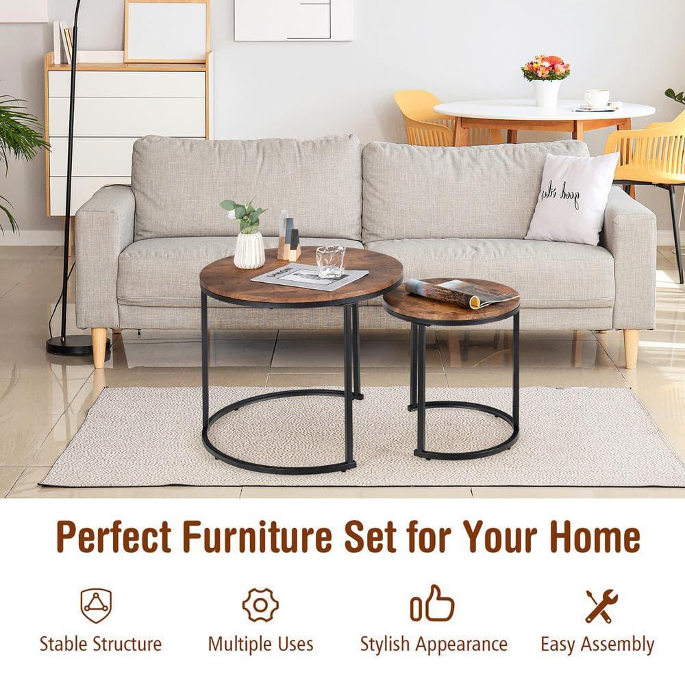 Costway Nesting Coffee Table Set of 2 for Balcony Living Room Modern Round Side Tables Rustic Brown