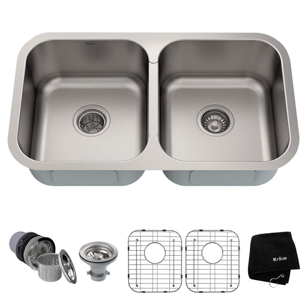 Kraus KRAUS Premier 32-inch L 18 Gauge Undermount 50/50 Double Bowl Stainless Steel Kitchen Sink KBU29