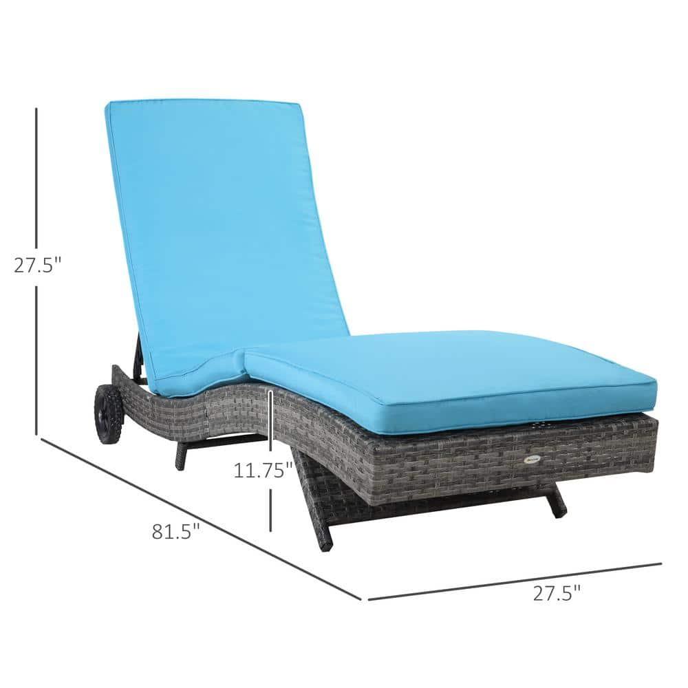Outsunny Patio Wicker Chaise Lounge Chair, Outdoor PE Rattan Sun lounger w/ 5-Level Adjustable Backrest & 2 Wheels for Easy Movement, Sky Blue