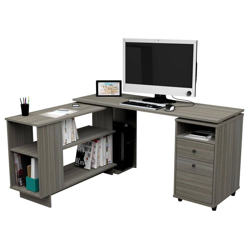 Inval L-Shaped Reversible Computer Desk, Smoke Oak