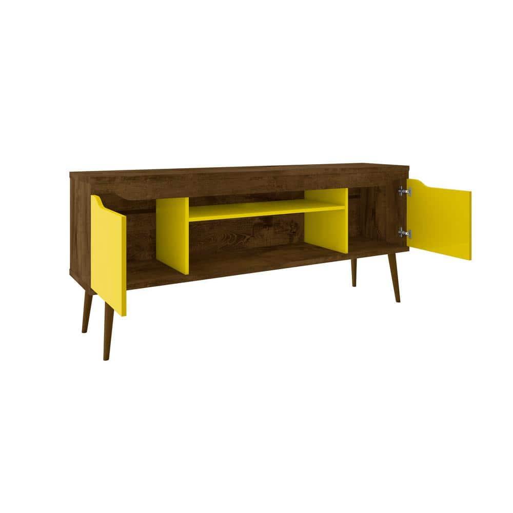 Manhattan Comfort Bradley TV Stand for TVs up to 60" Rustic Brown/Yellow: Mid-Century Modern Media Console with Open Shelves