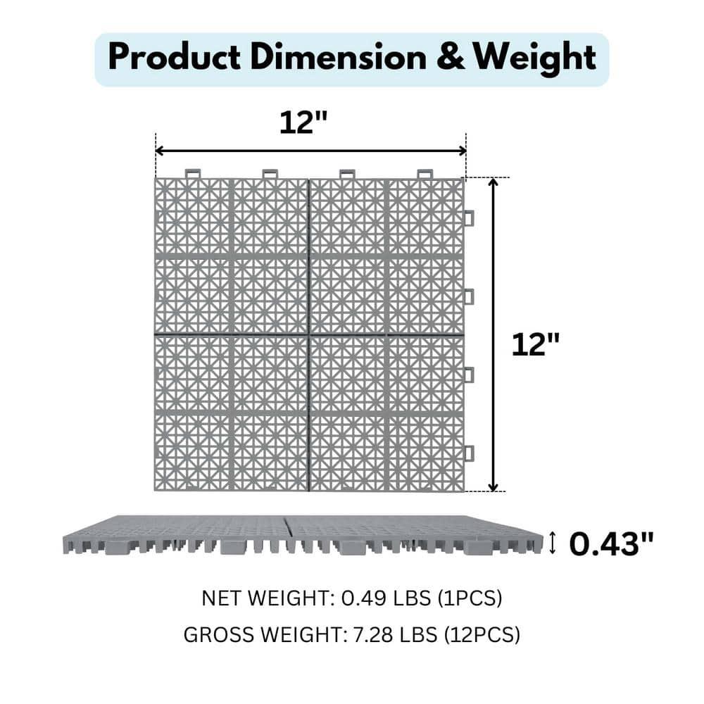 LoLado 12Pcs Plastic Interlocking Deck Tiles 12" x 12" Rosette Pattern Waterproof Outdoor All Weather Anti-slip Tiles for Bathroom Shower Balcony Porch, Gray