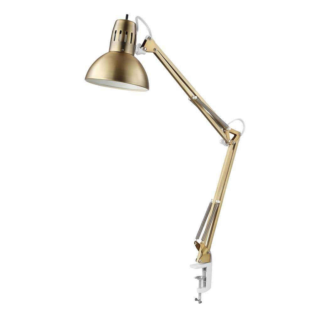 Globe Electric 62000010 32" Multi-Joint Desk Lamp with Metal Clamp, Matte Brass, White Accents, On/Off Rotary Switch on Shade, Partially Adjustable Swing Arm, Home Décor, Office Accessory