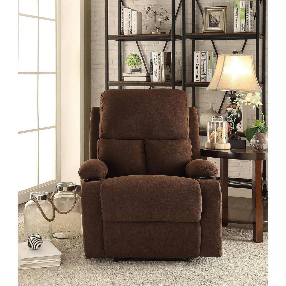 Rosia Linen Recliner Chocolate - Acme Furniture: Microfiber, Cup Holders, Wood Frame