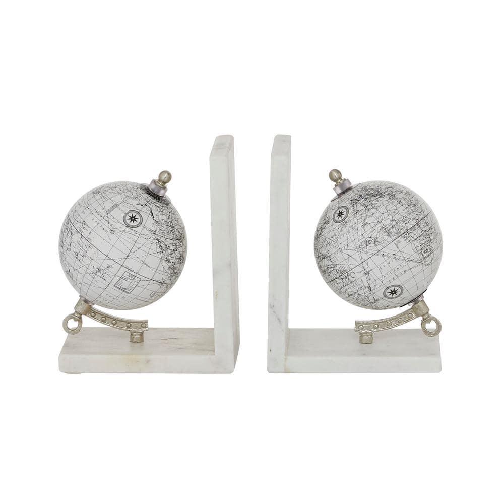 Deco 79 Marble Globe Decorative Bookends Non Skid Bookends with Silver Metal Accents, Set of 2 Office Bookends5"W, 7"H, White