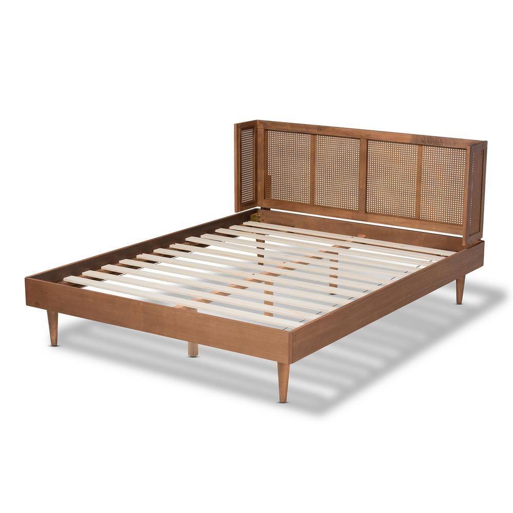 King Rina Wood Platform Bed with Synthetic Rattan Headboard - Baxton Studio