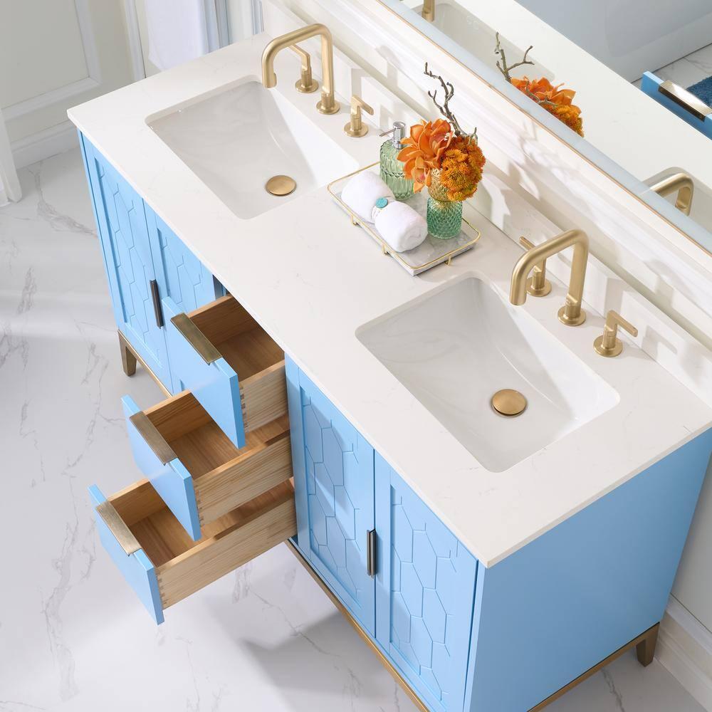 60 in Blue Solid Wood Double Sink Vanity with White Quartz Top
