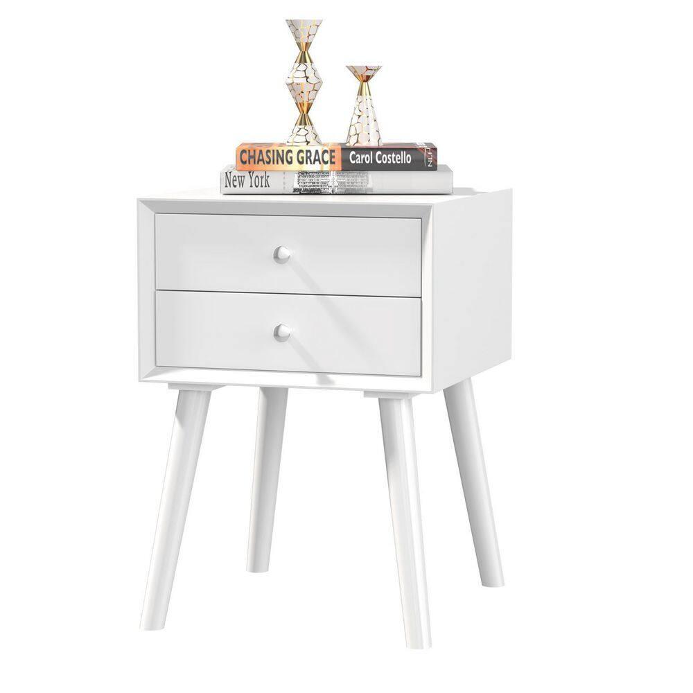 Tangkula Wooden Nightstand with 2 Storage Drawers Accent End Side Table for Bedroom&Living room White