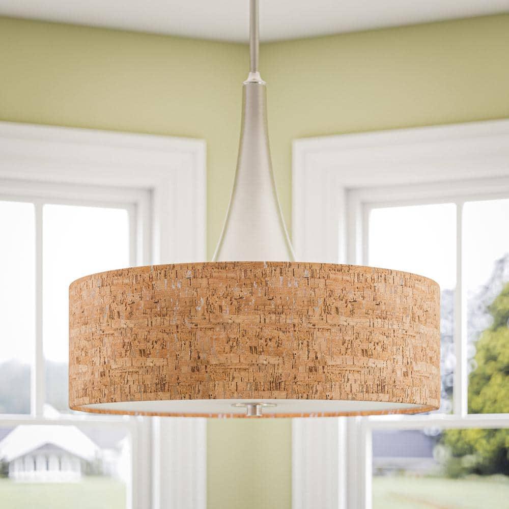 Bulletin 3-Light Brushed Steel Ceiling Pendant Light with Cork Shade