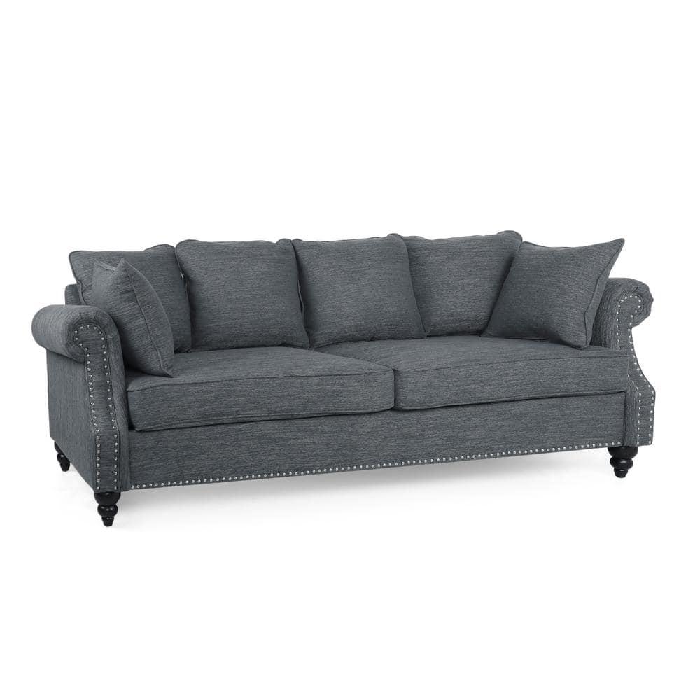 Noble House Viewland Fabric Pillowback 3 Seater Sofa with Nailhead Trim, Charcoal and Dark Brown