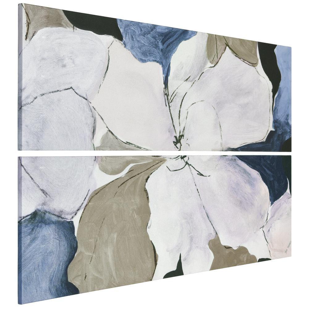 "Floral Serenity I & II", Flower Abstract Artwork on Silver Shagreen Wrapped Canvas Wall Art Set