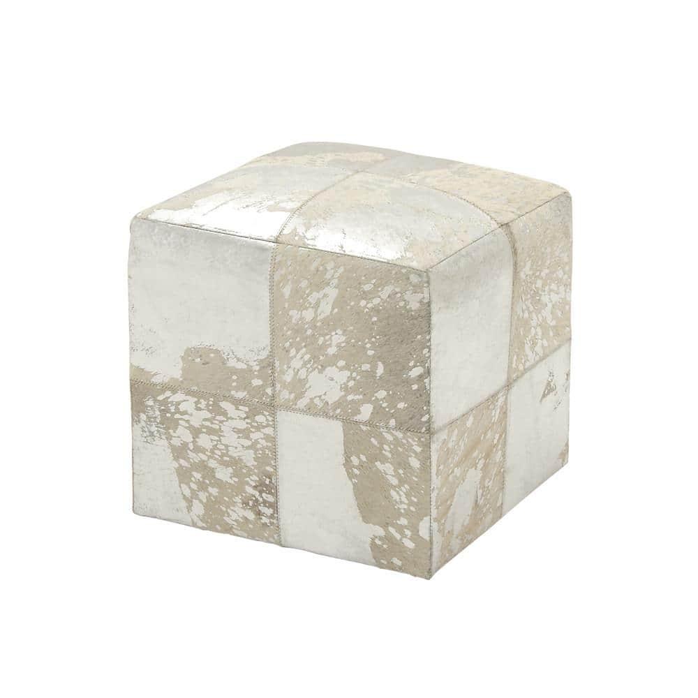 DecMode 16" x 17" White Leather Handmade Stool with Silver Foil Paint, 1-Piece