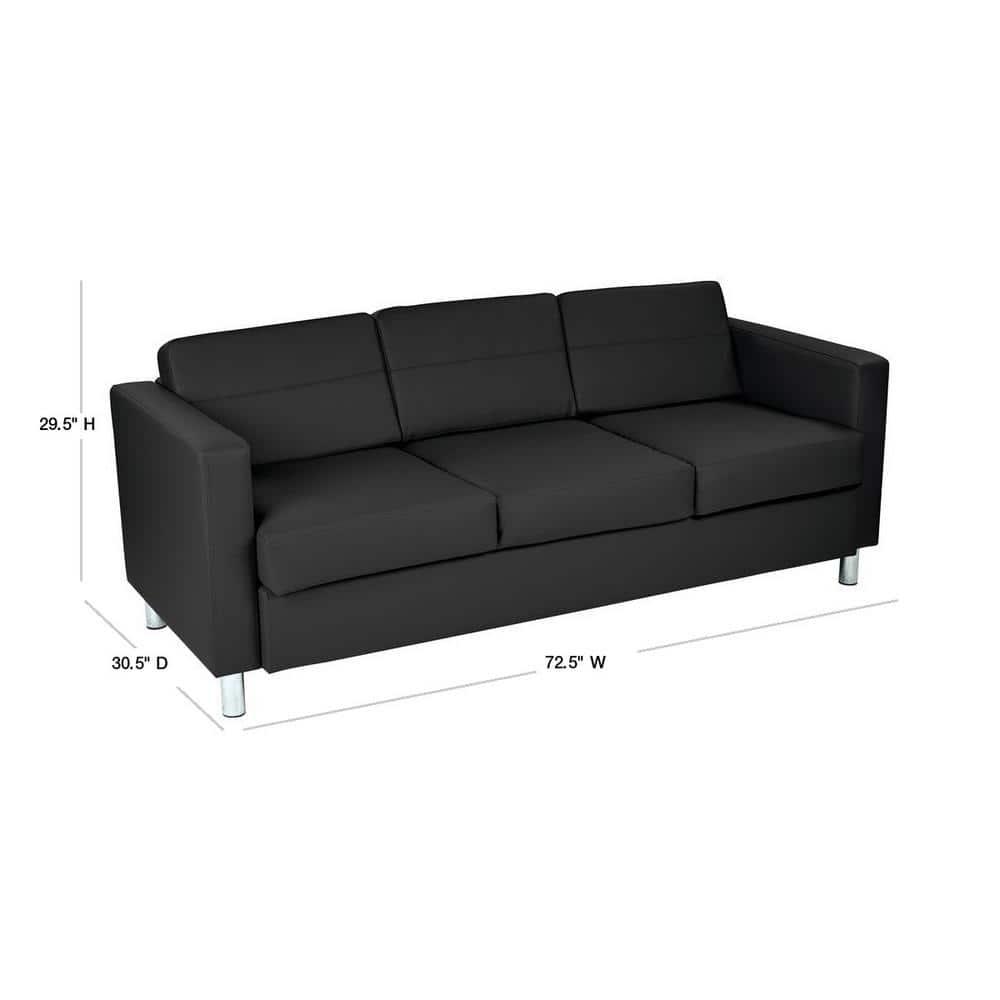 Modern Pacific Black Faux Leather Sofa with Silver Finish Legs