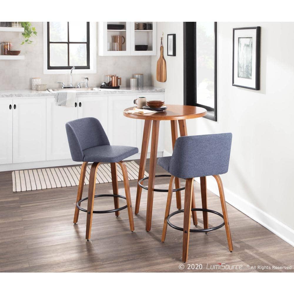 Set of 2 Toriano Mid-Century Modern Counter Height Barstools Walnut/Blue - LumiSource: Swivel, Polyester Upholstery, Wood Legs