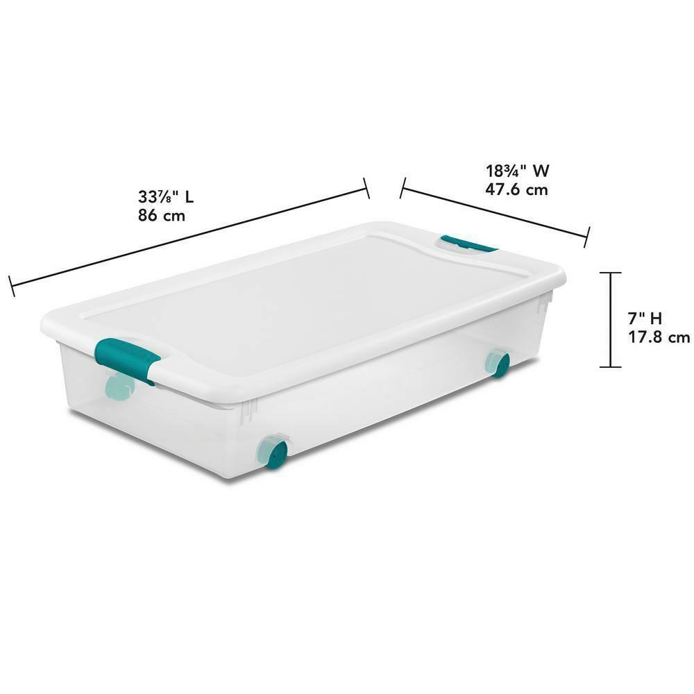 Sterilite 56 Qt Wheeled Latching Storage Box Stackable Bin with Latch Lid, Plastic Container to Organize Shoes Under Bed, Clear with White Lid, 8-Pack