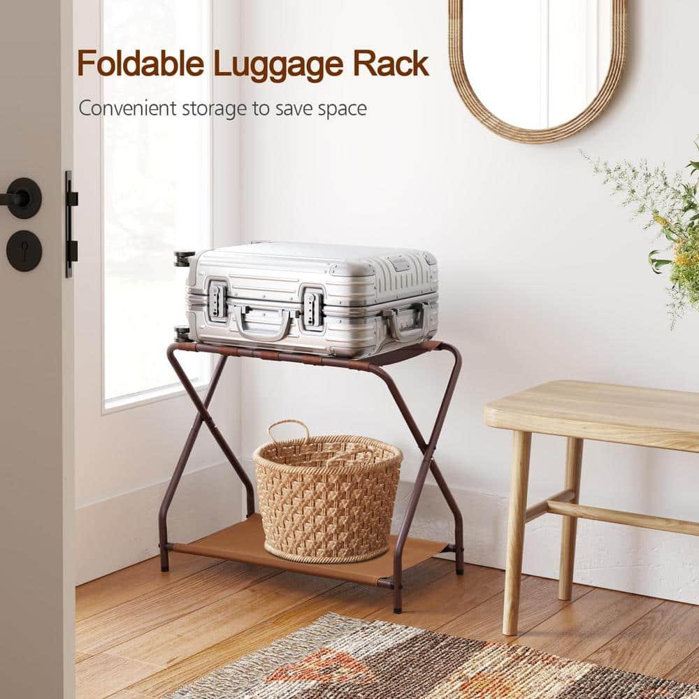 MEBROT Set Of 2, Foldable Suitcase Stands For Guest Room, Metal Luggage Holder With Storage Shelf For Bedroom, Hotel, Easy Assemble