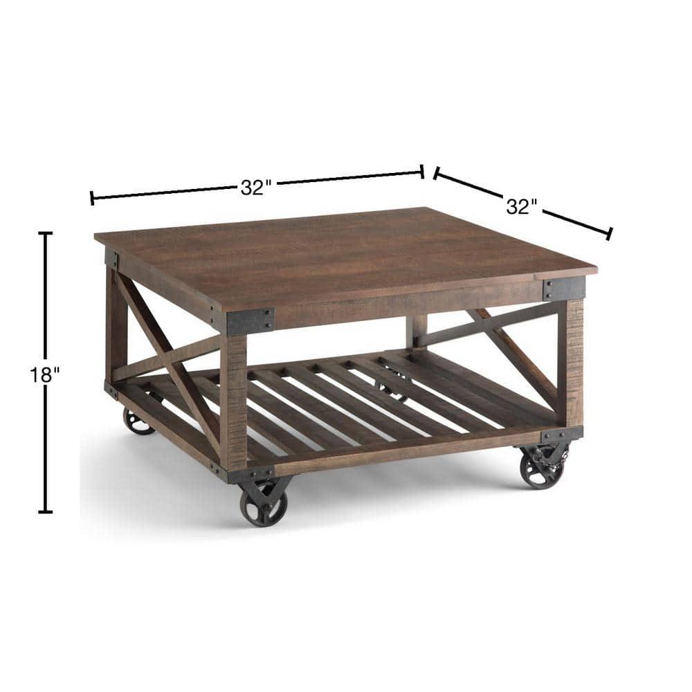 Simpli Home Harding 32"W Solid Mango Wood Industrial Square Coffee Table with Metal Accents, Open Shelf, and Iron Wheels