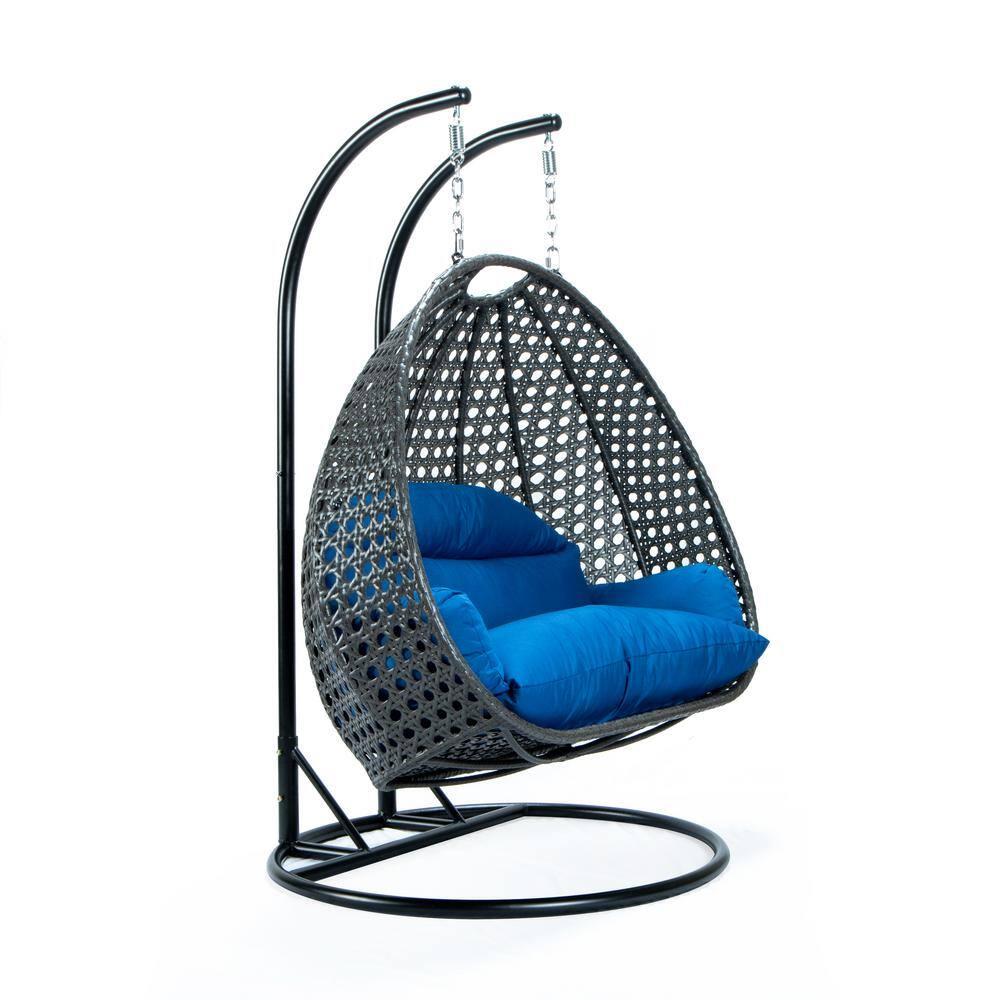 LeisureMod Charcoal Rattan Wicker Double 2 Person Egg Swing Chair with Stand, Blue Cushion