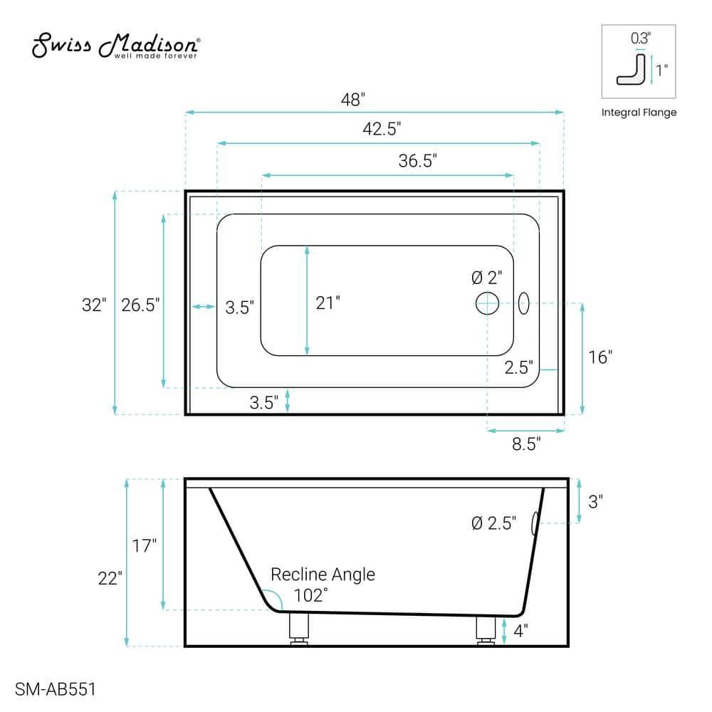 Voltaire 48" x 32" Alcove Bathtub with Apron