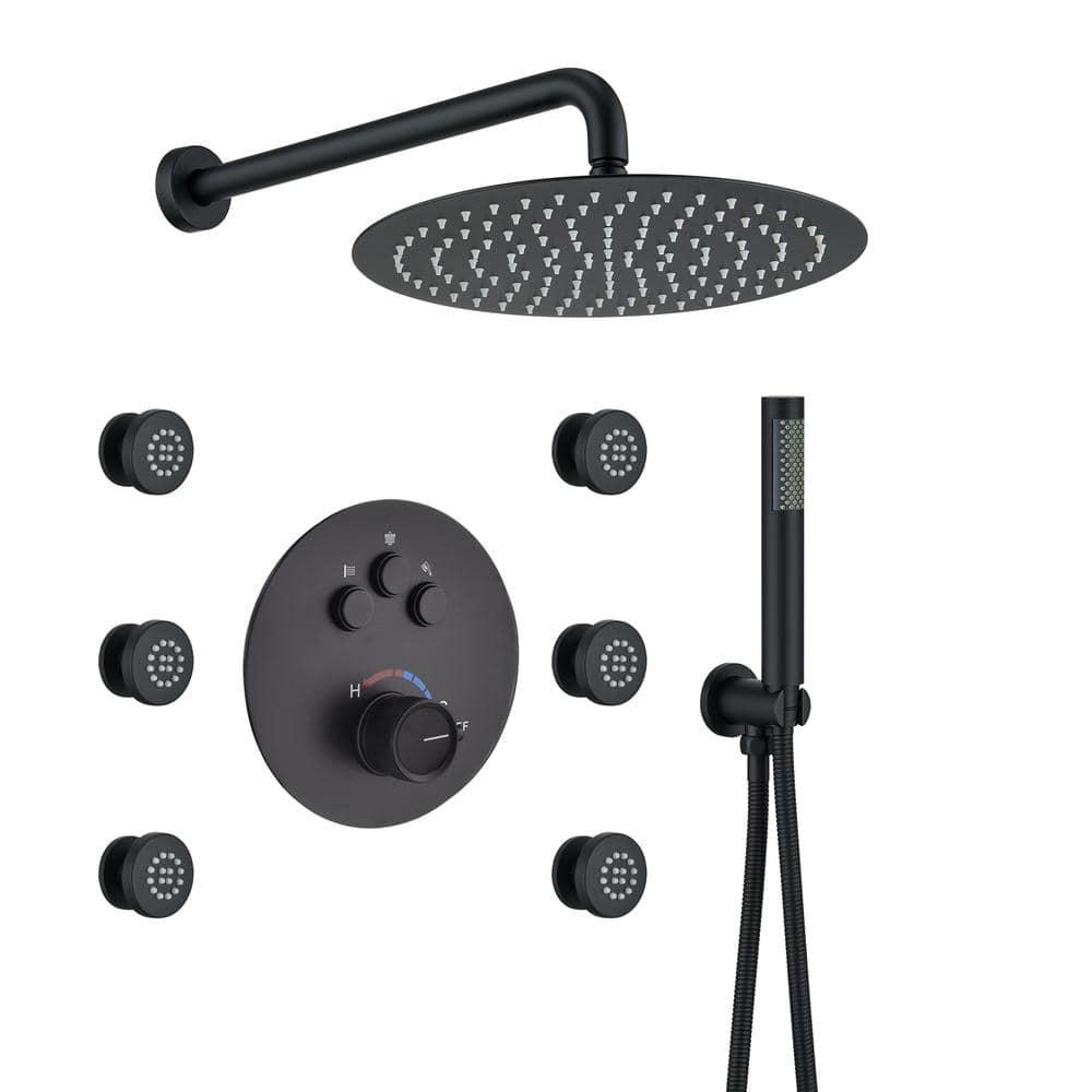 CASAINC Wall Mounted Thermostatic Complete Rainfall Shower System with 6 Body Jets and Rough-in Valve CS6823-12MB