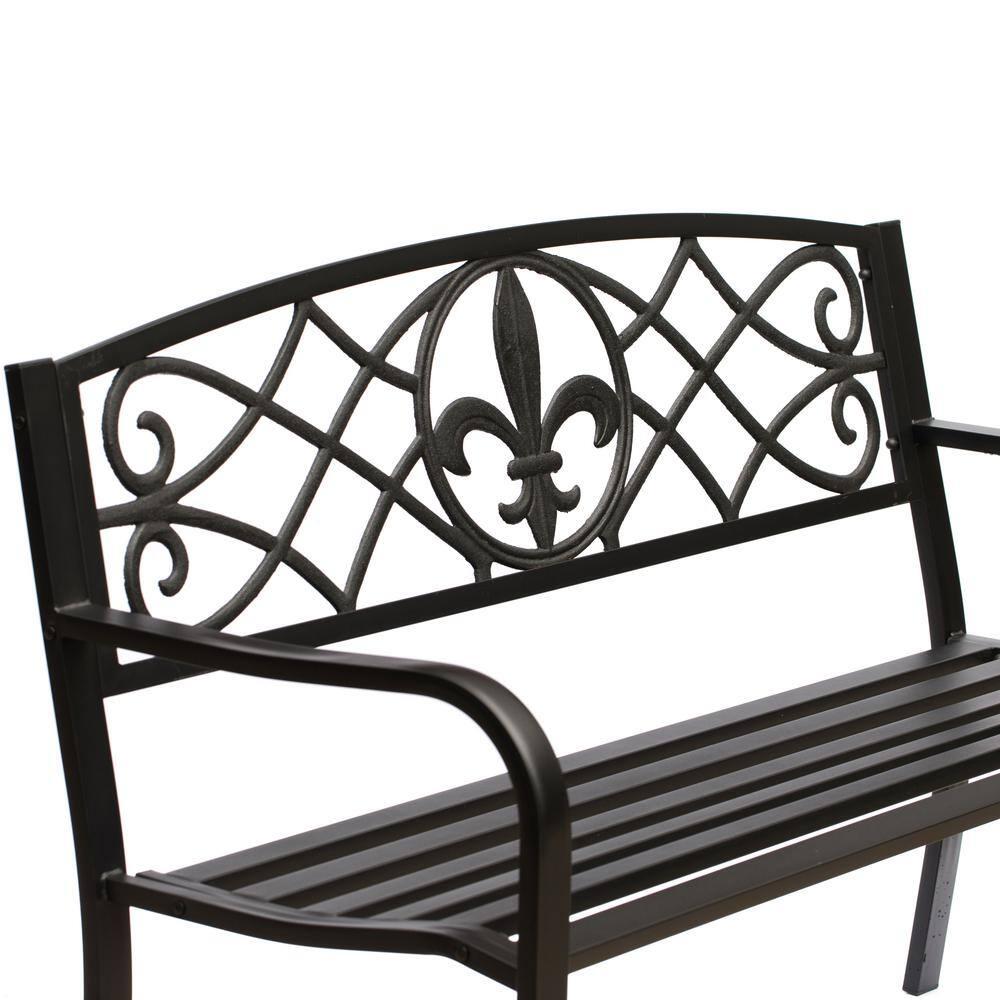 Outdoor Garden Patio Steel Park Bench Lawn Decor with Cast Iron Unique Design Back, Black Seating Bench for Yard, Patio, Garden, Balcony, and Deck