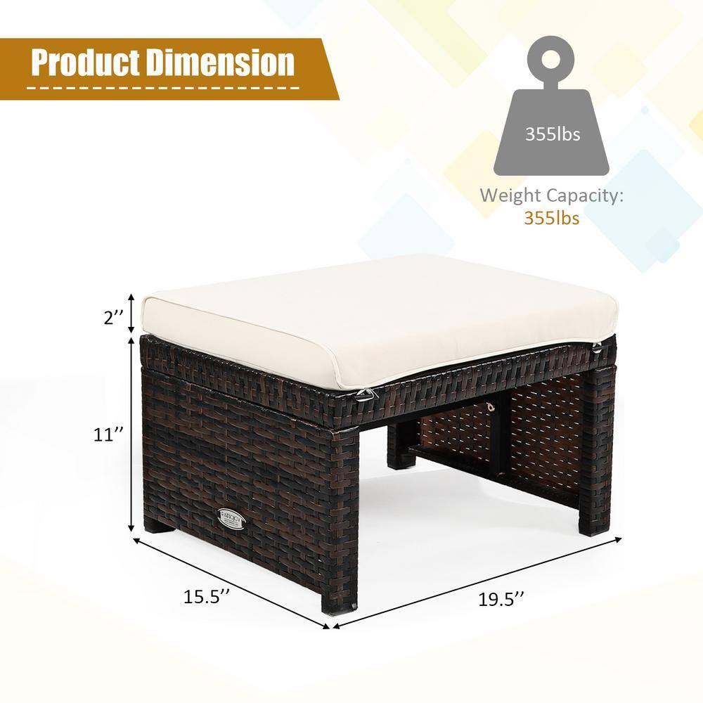 Spaco 2 Pieces Outdoor Patio Rattan Wicker Ottoman Set with Soft Cushion for Garden, Balcony, Poolside, White