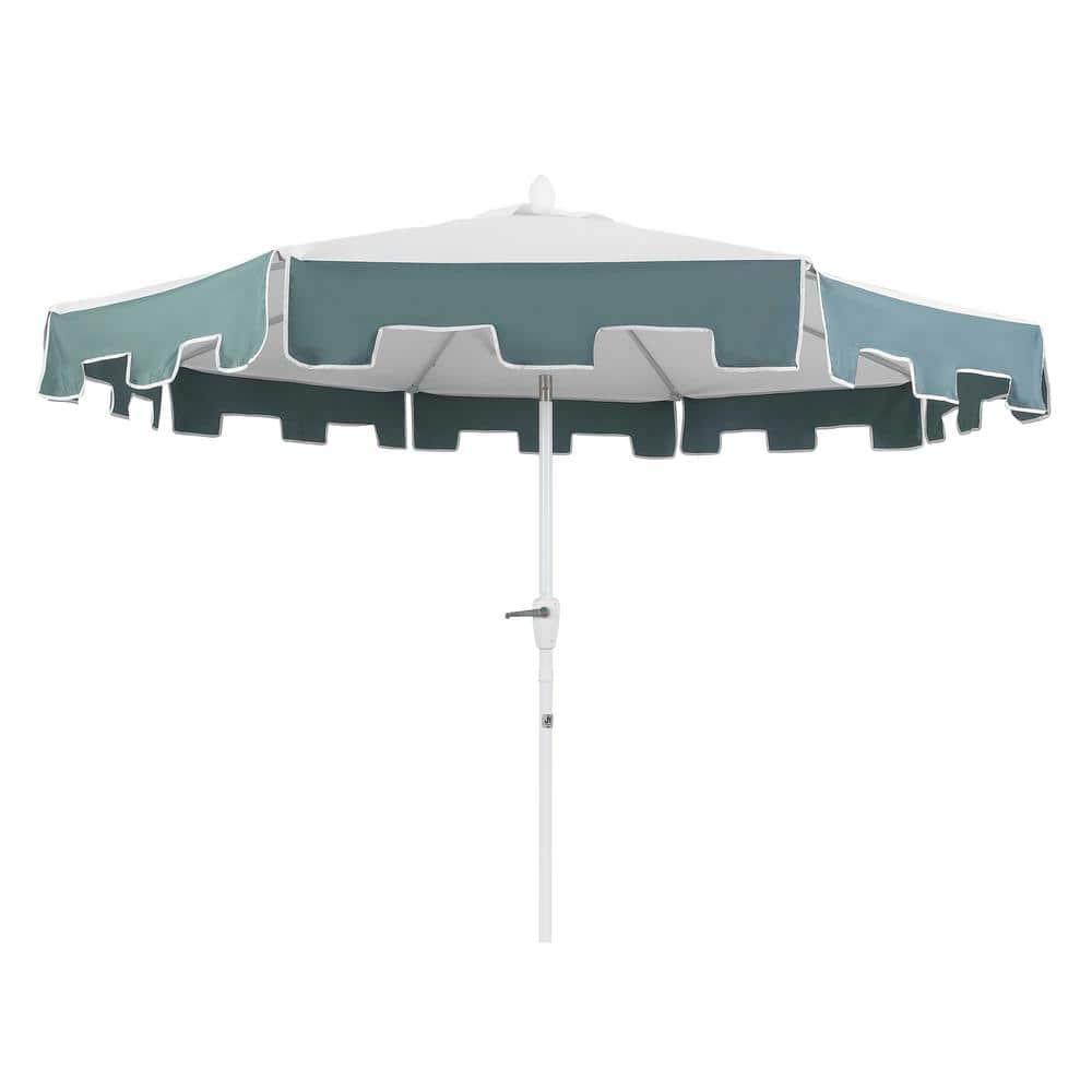 JONATHAN Y Baiona 9 ft. Classic MidCentury Market Patio Umbrella with UV Protection, Auto-Tilt, Crank and Wind Vent in White/Green