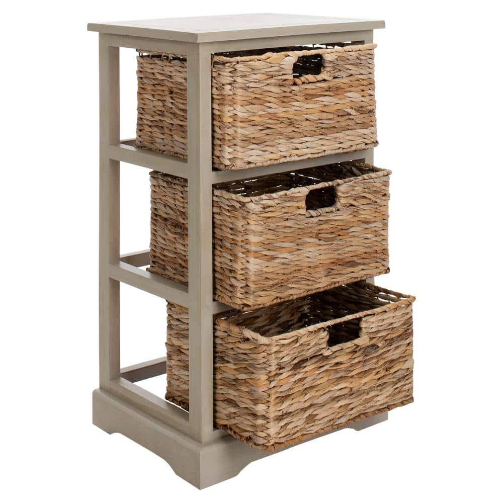 Halle 3 Wicker Basket Storage Side Table - Vintage Grey - Safavieh.
