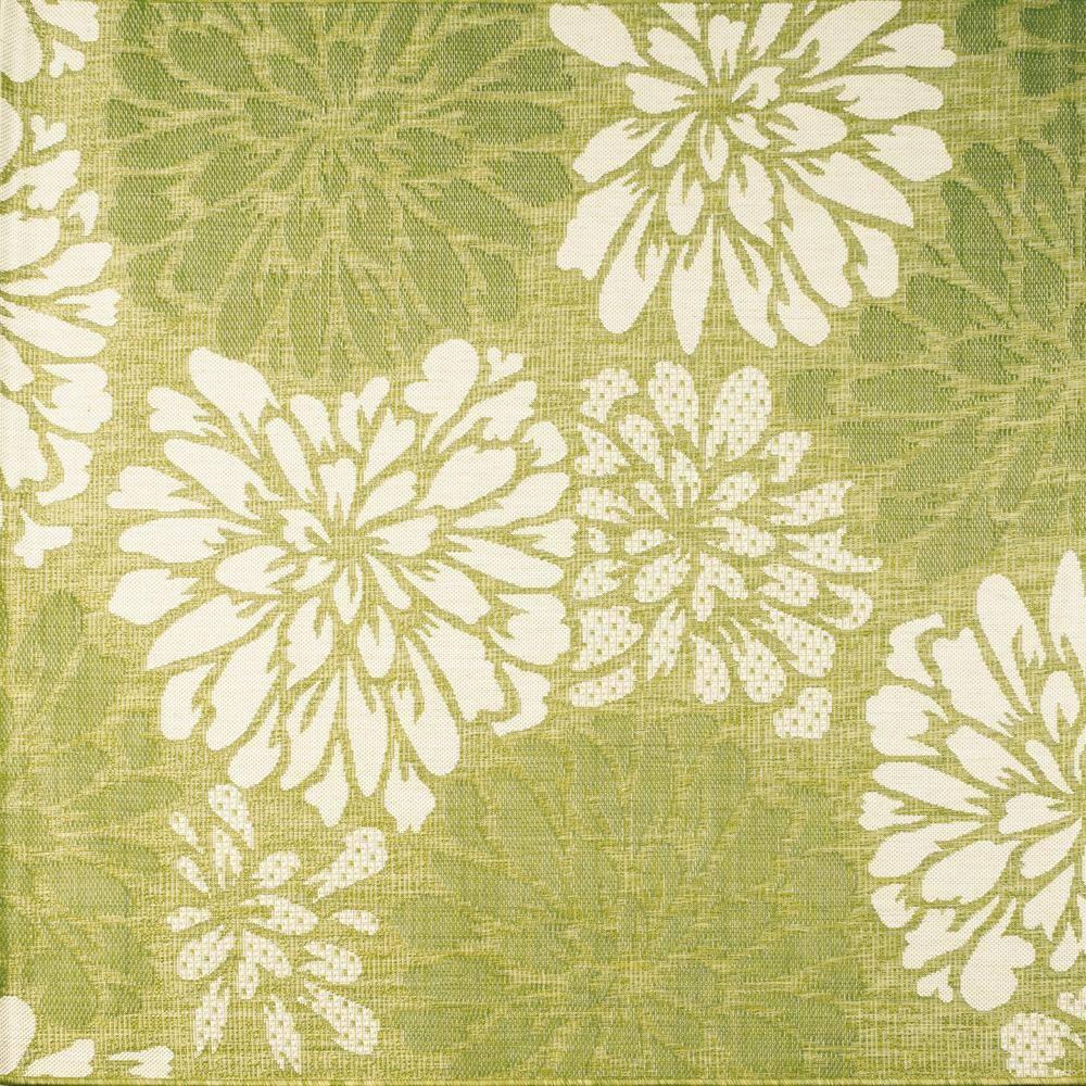 5' x 5' Zinnia Modern Floral Textured Weave Indoor/Outdoor Area Rug, Green/Cream - JONATHAN Y