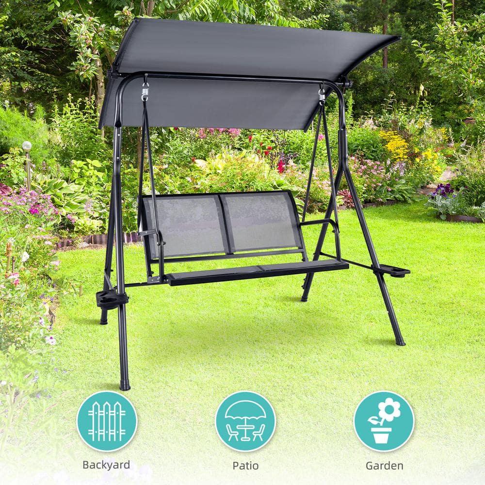 2 Person Patio Swing with Grey Sling Fabric and Black Metal Frame - 450 lbs Weight Capacity