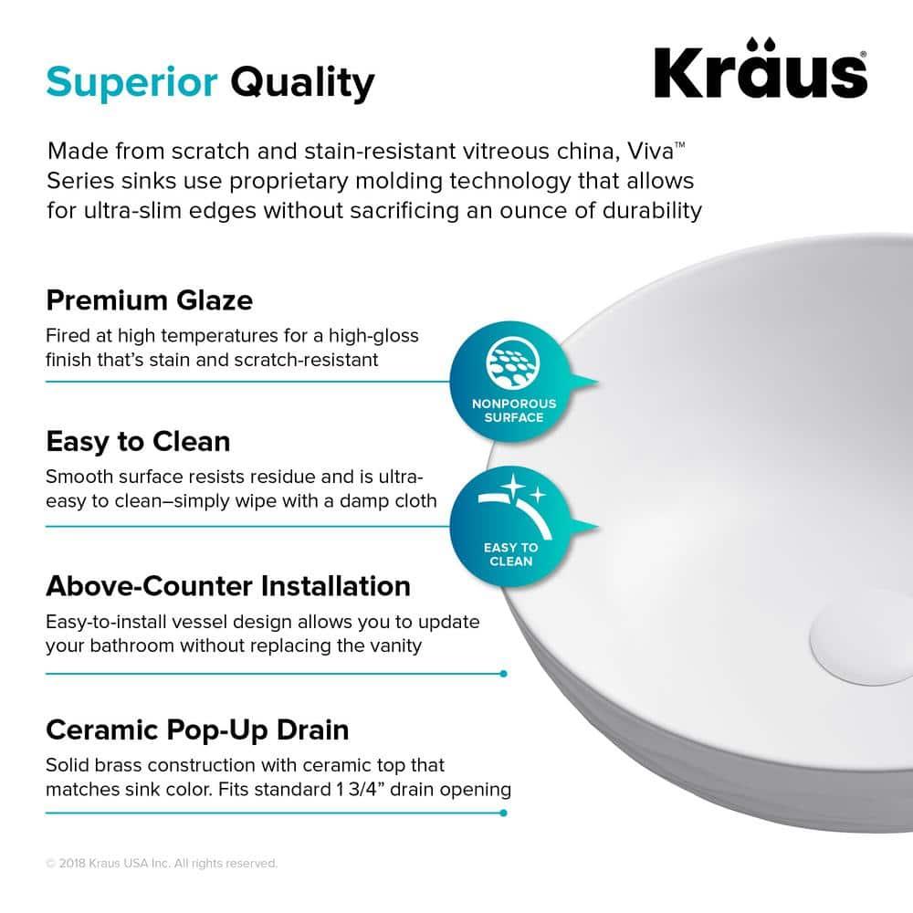 KRAUS Viva™ Thin Porcelain Ceramic Vessel Bathroom Sink with Pop-Up Drain