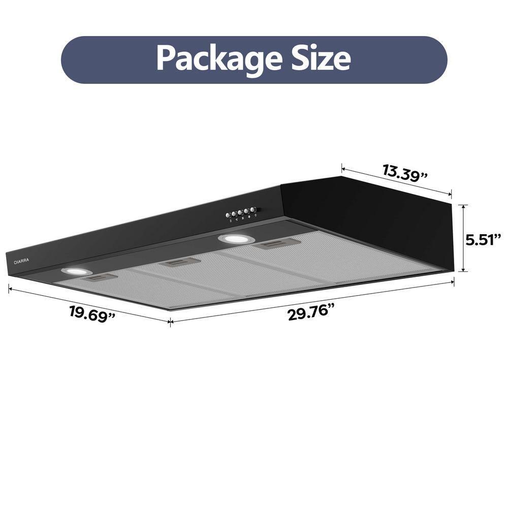 CIARRA Black Range Hood 30 inch Under Cabinet with Ductless Ducted Convertible Slim Kitchen Hood CAB90575