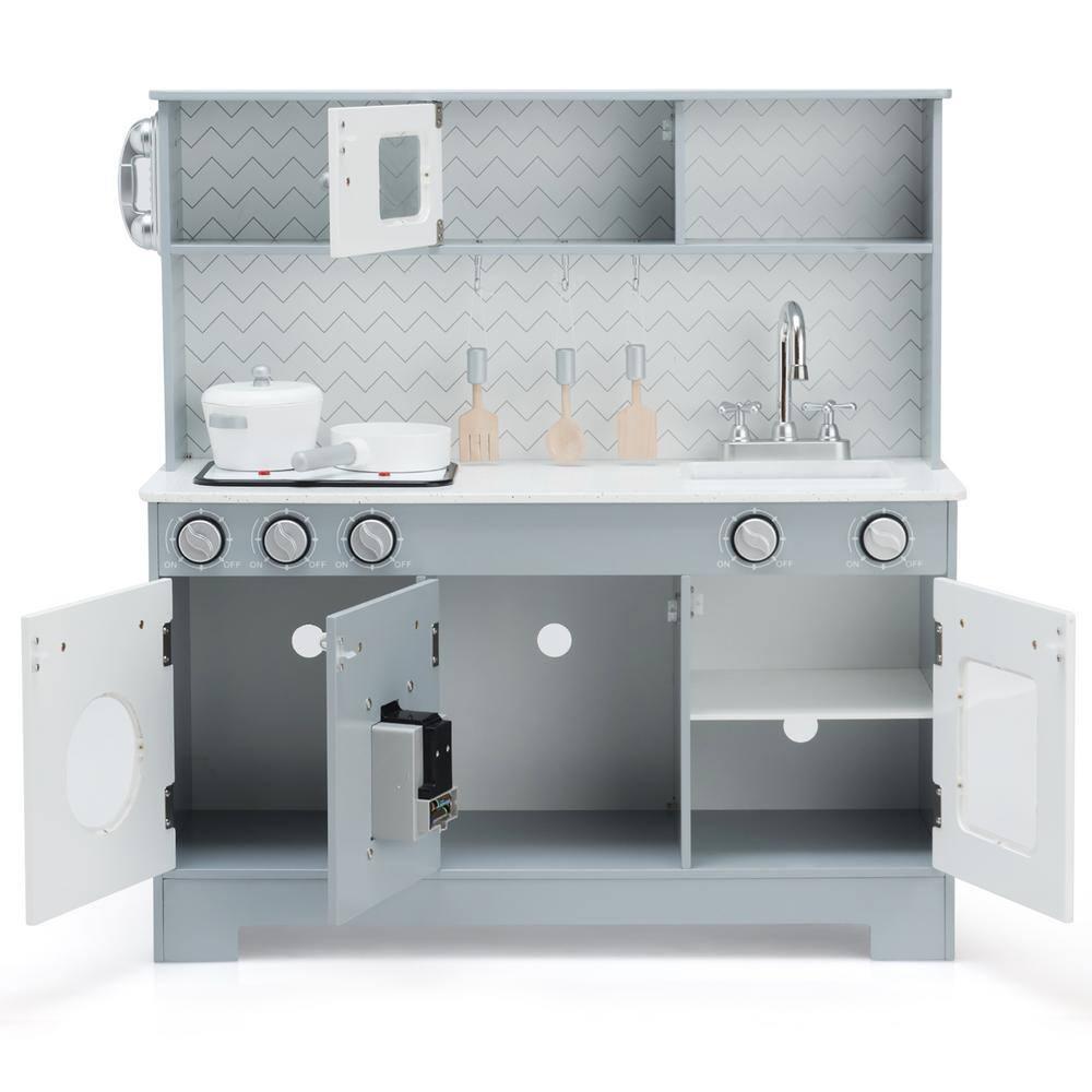 Costway Pretend Play Kitchen Wooden Toy Set for Kids w/ Realistic Light & Sound