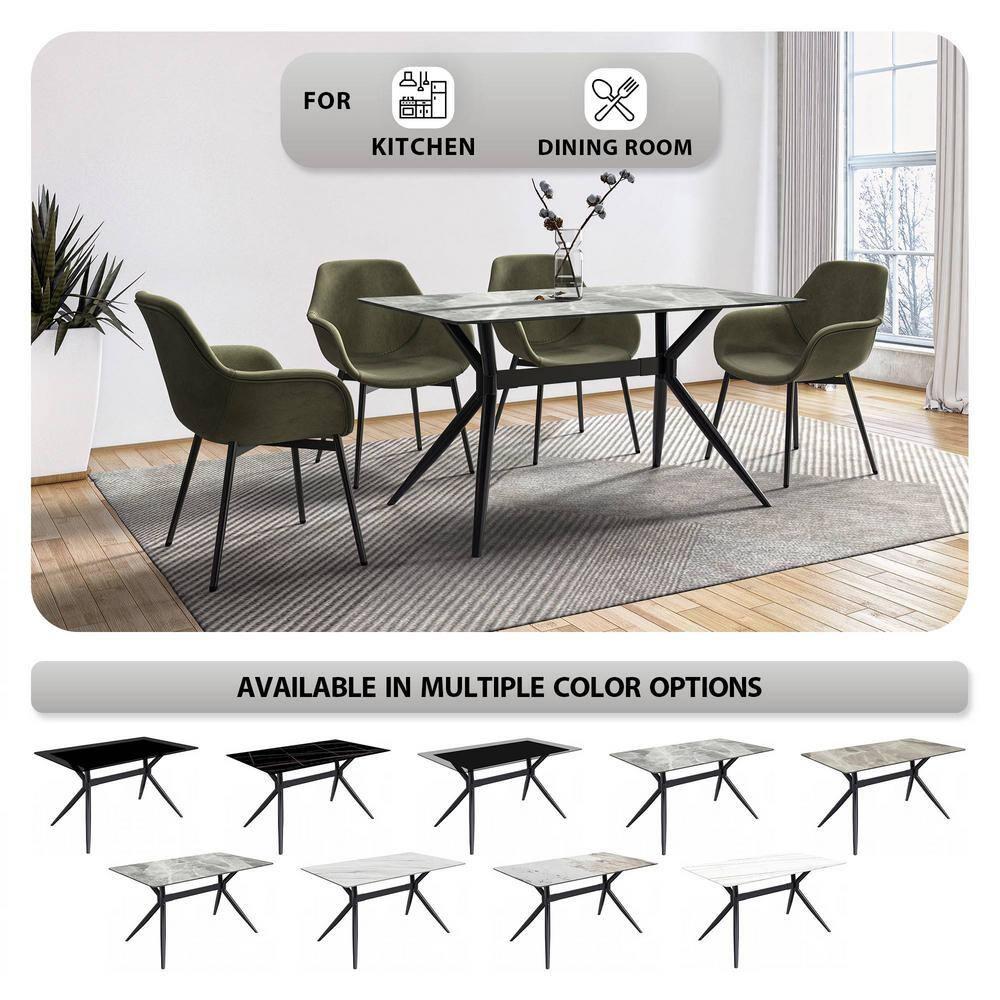 LeisureMod Elega Series Modern 62” Dining Table with Sintered Stone or Glass Rectangular Top and Black Stainless Steel Base in Light Grey