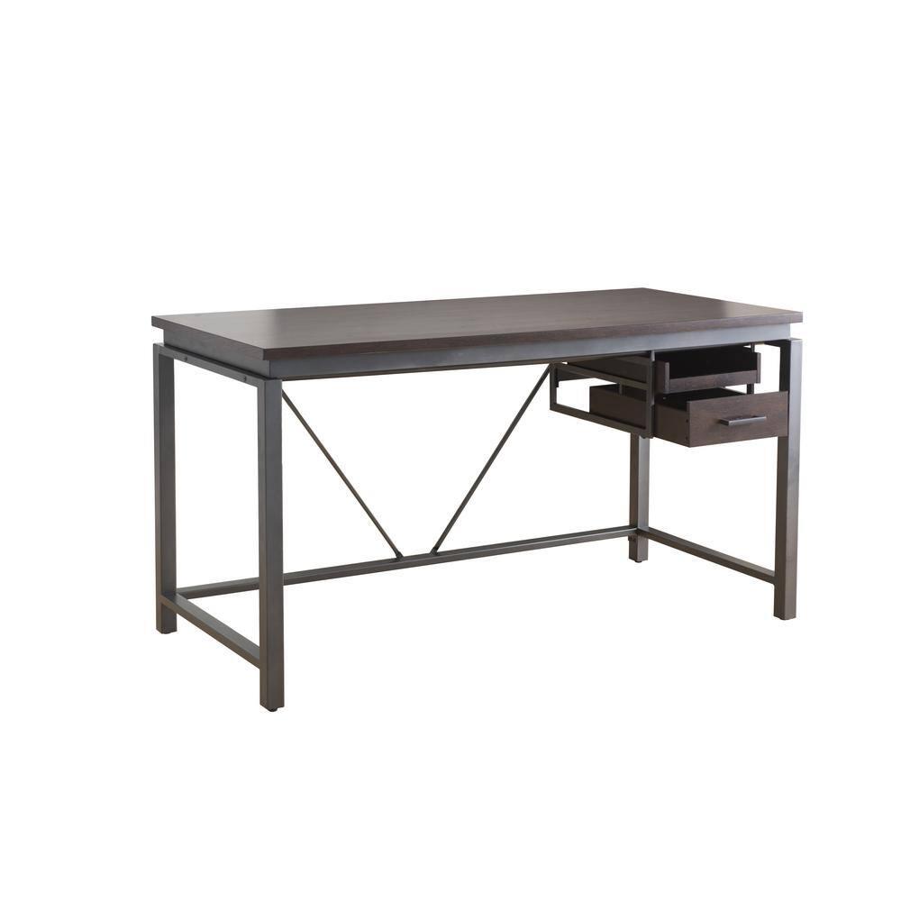 Sunjoy 58" Brown Wood Finish Writing Study Laptop Computer Desk Home Office Workstation with Motion Storage Drawer and Metal Frame