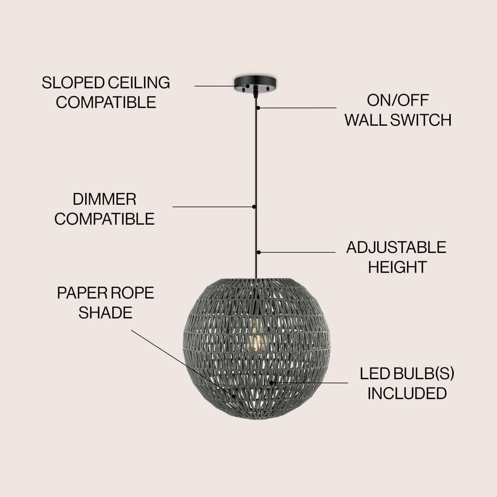 Luna 15.75" 1-Light Bohemian Modern Woven Rattan/Iron LED Pendant, Grey/Black