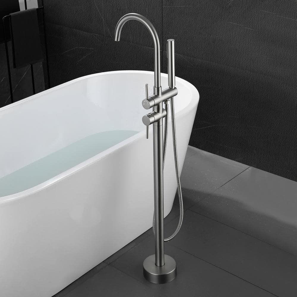 Double Handle Floor Mounted Freestanding Tub Filler With Handshower