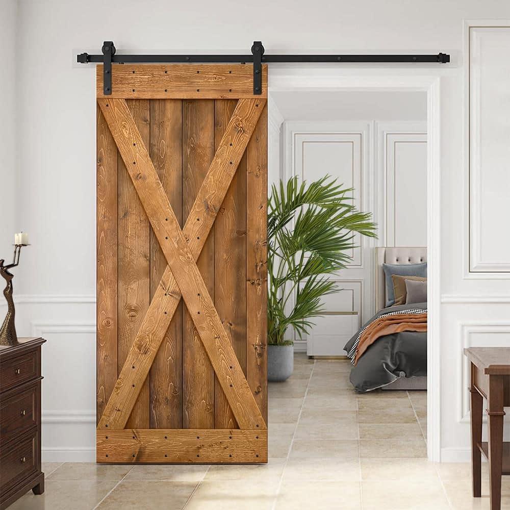 Calhome 84'' Solid Wood Paneled Stained with Installation Hardware Kit Barn Door