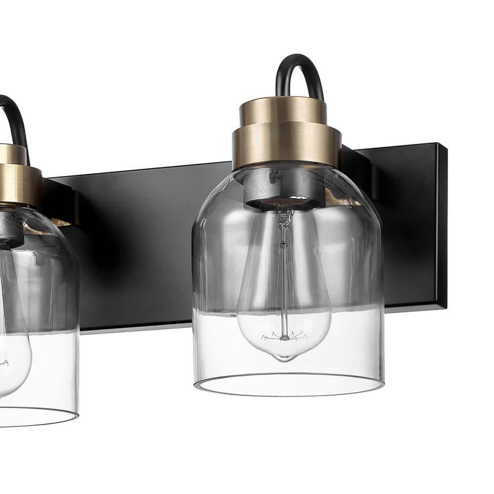 22 in. 3-Light Matte Black Vanity Light with Matte Brass Accents and Glass Shades