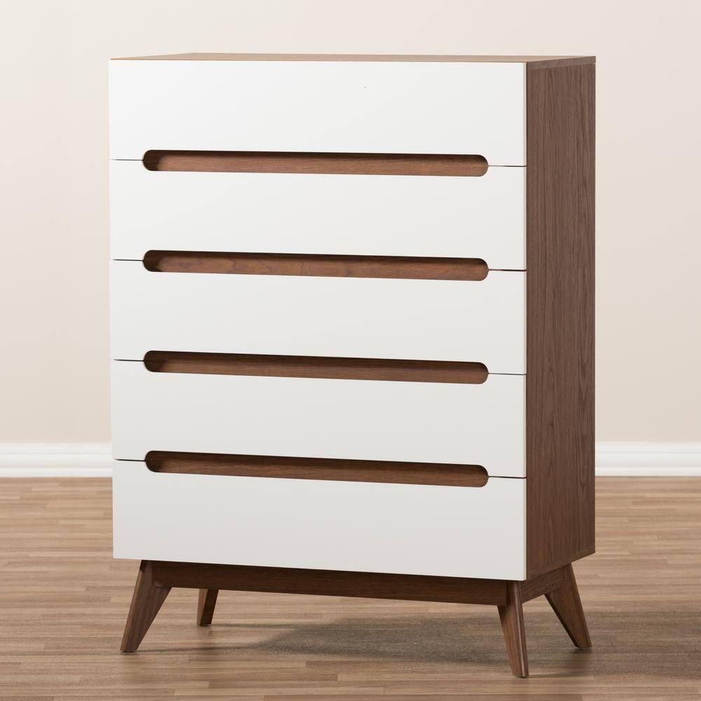Calypso Mid-Century Modern Wood 5 Drawer Storage Chest Brown - Baxton Studio: Vertical Dresser for Bedroom, MDF Composite