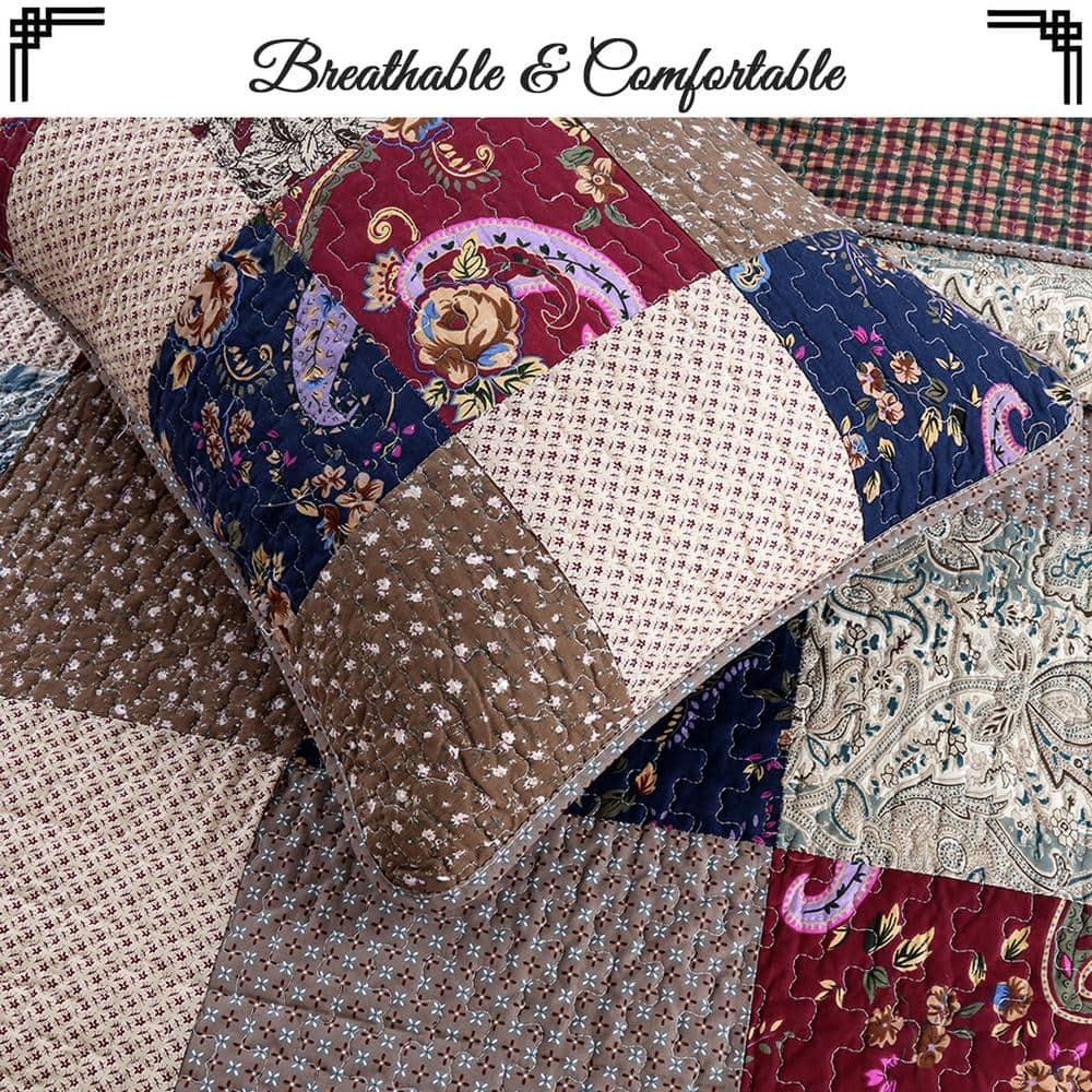 King Size Red and Navy Cotton Reversible Patchwork Quilt Set