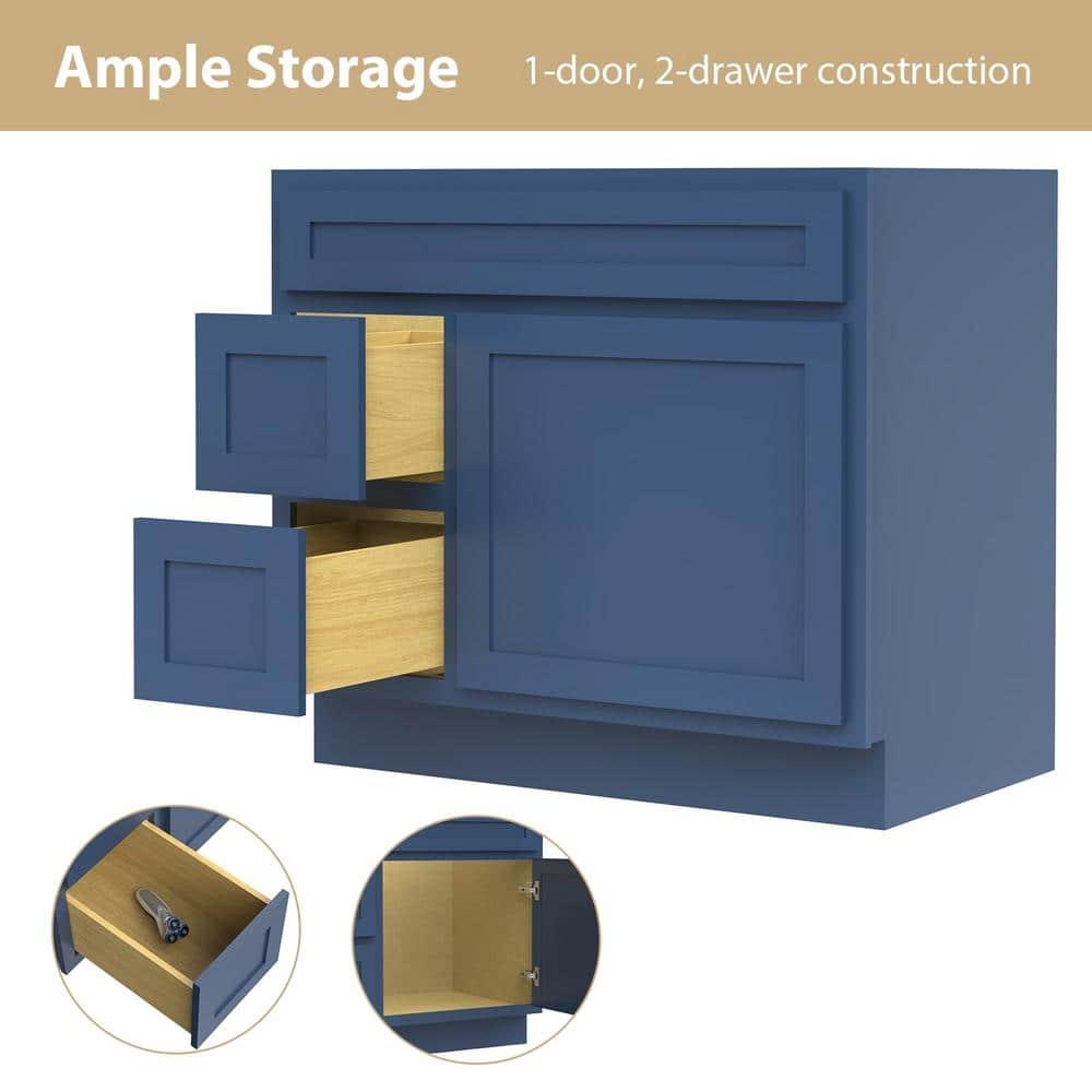 Vanity Art 36 Inch Single Shutter Door Bathroom Vanity Base Cabinet with 2 Functioning Shaker Drawers, Strudy Floor Mount Storage Cabinet Organizer for Bedroom, Living Room, Kitchen, VA4036-2LBLUE