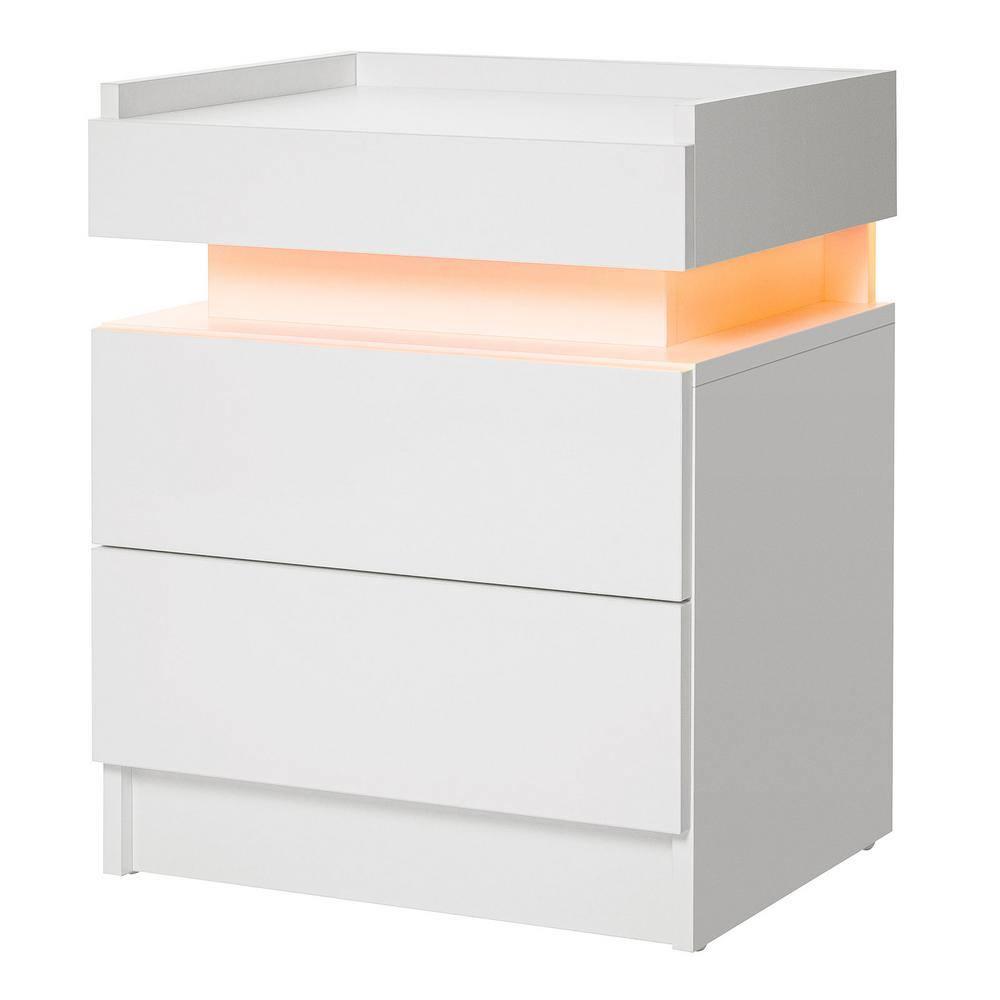 Hommpa High Gloss Tall 2 Drawer Nightstand LED Bedside Table Cabinet Bedroom Furniture White