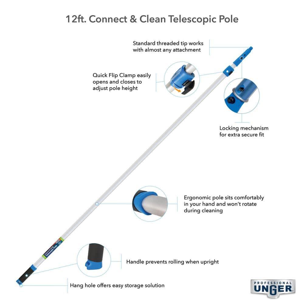 Unger Professional Connect and Clean 6’-12’ Aluminum Telescopic Extension Pole with Locking Cone and Quick-Flip Clamp, Compatible with Cleaning Tool Attachments, Indoor and Outdoor Use