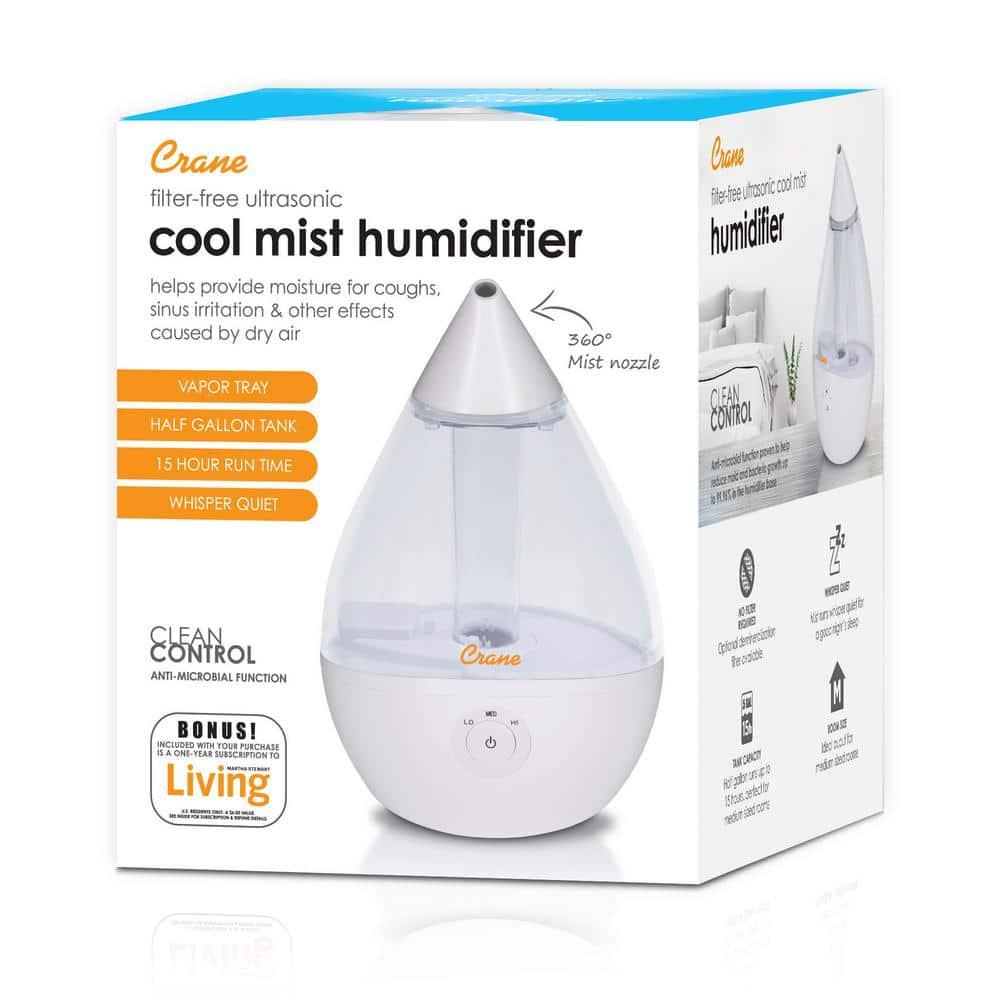 Crane USA Droplet Cool-Mist Humidifier with Vapor Tray, 0.5. Gal. - Clear & White