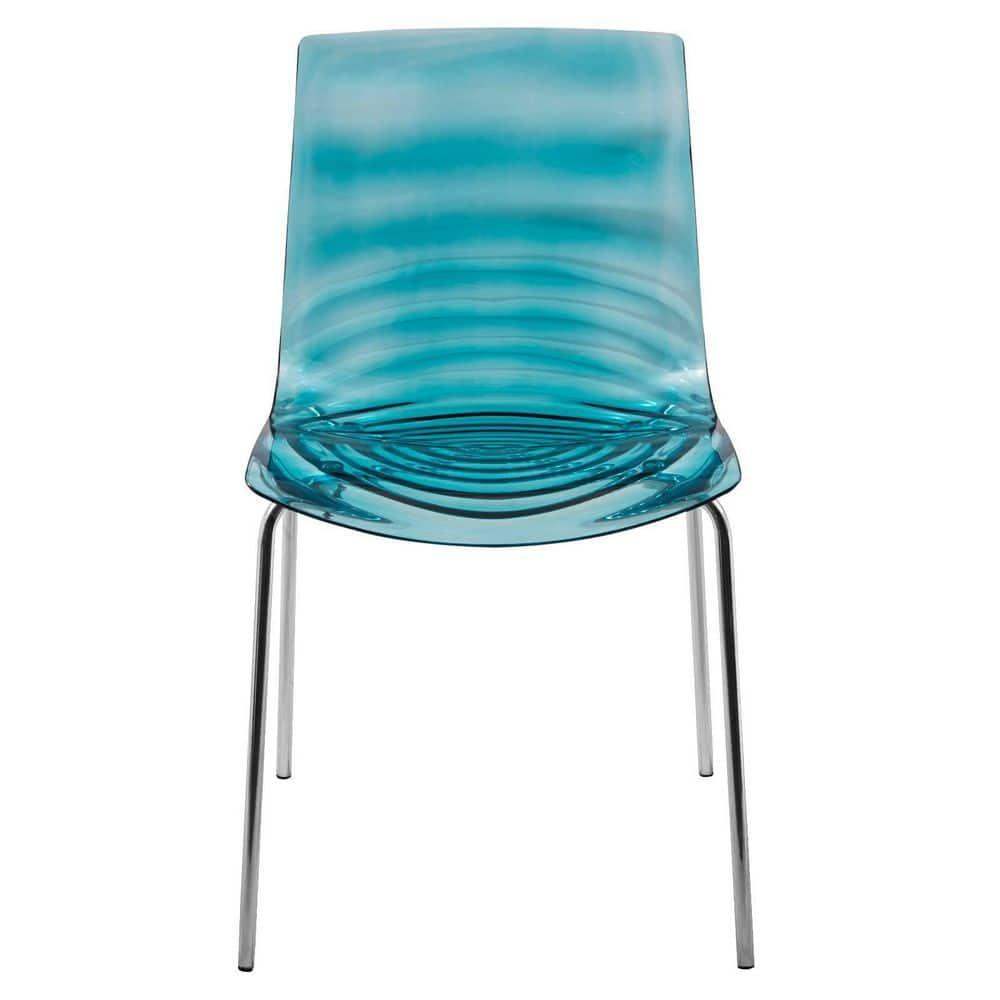 LeisureMod Astor Acrylic Dining Chair with Water Ripple Design and Metal Legs in Transparent Blue